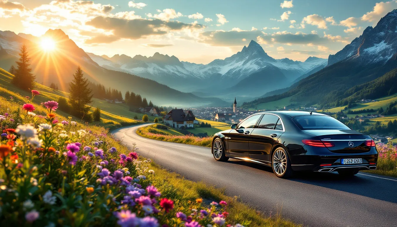 A private chauffeur driving through the scenic landscapes from Munich to Salzburg.