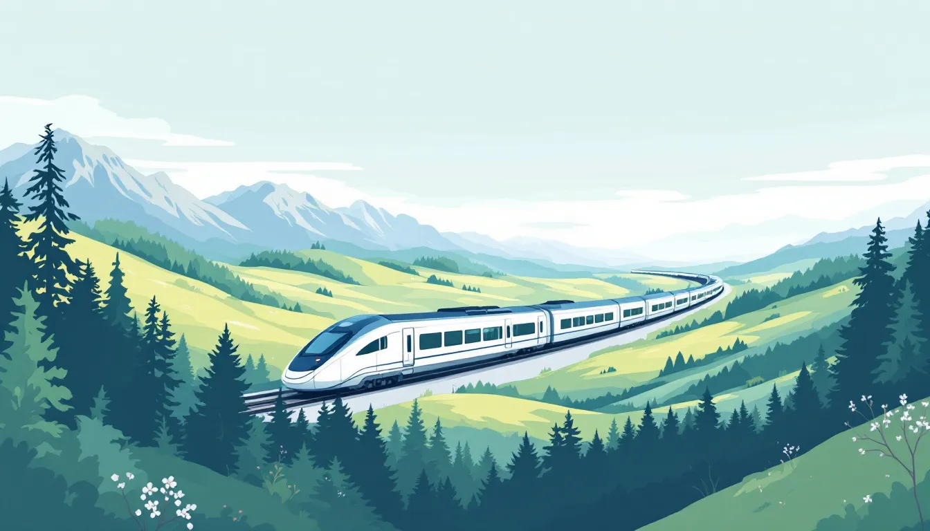 A direct train traveling through scenic landscapes between Zurich and Munich.