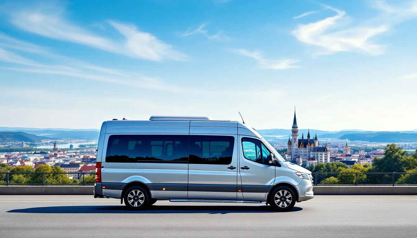 Ein eleganter Mercedes Benz Kleinbus, ideal für Gruppenreisen in München.